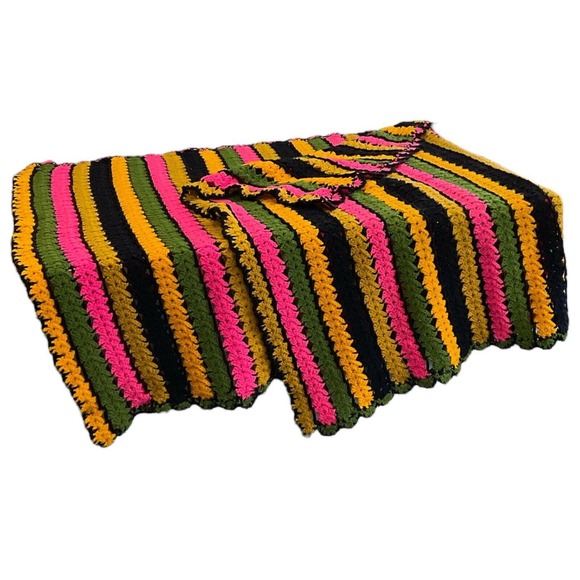 Vintage Handmade Crochet Striped Afghan Retro Boho Sofa Throw Blanket - Picture 3 of 6